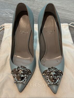 Versace Powder Blue Leather Medusa-Embellished Stiletto Pumps